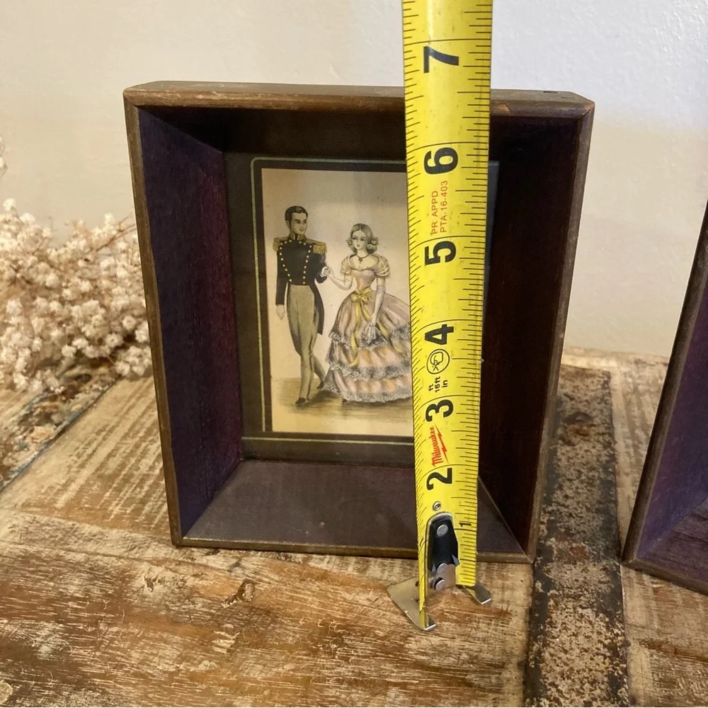 Pair Vintage Stan David 1970s Art Prints Featuring Victorian Couple Wood Frames
